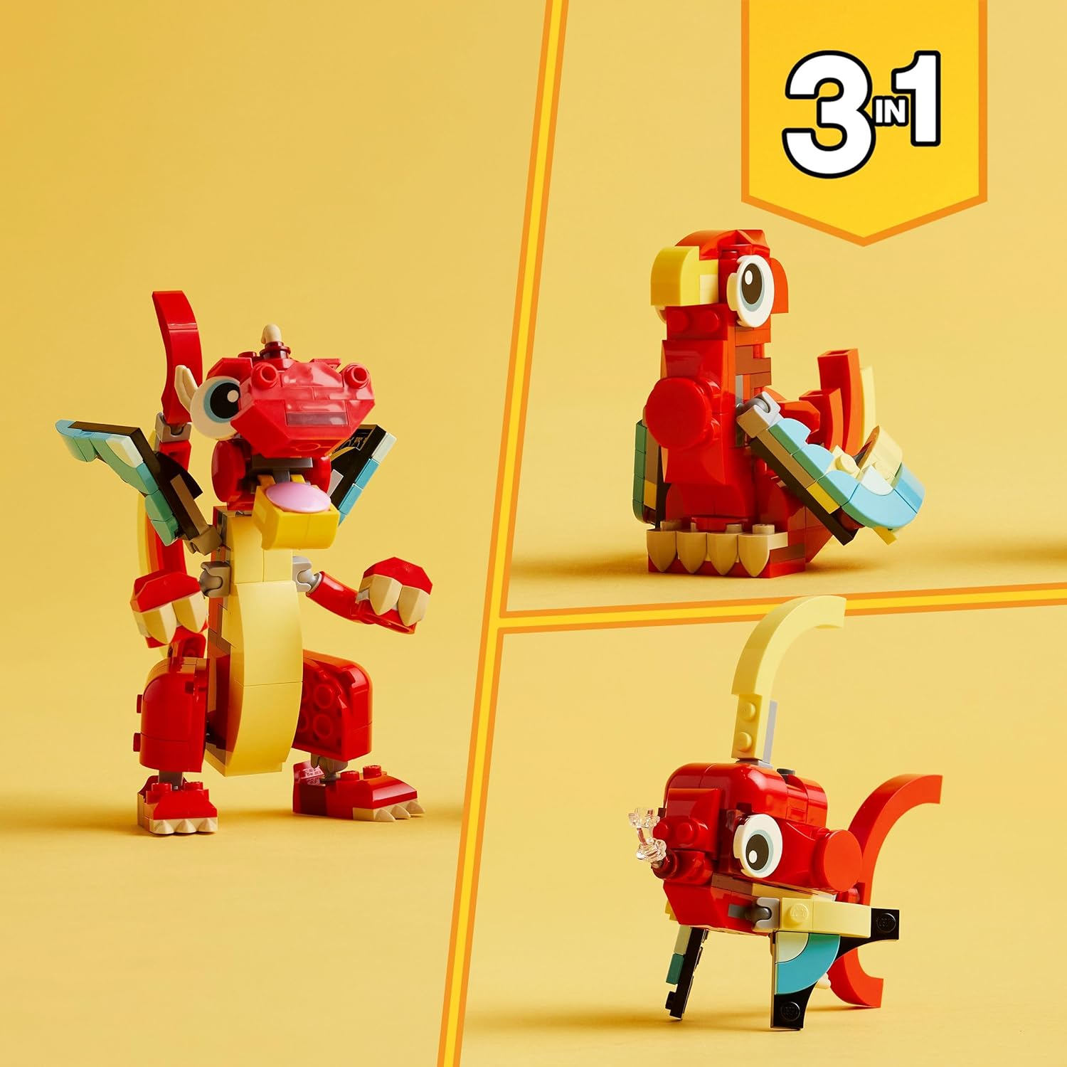 LEGO Creator 3 in 1 Drago Rosso, Giochi per Bambini e Bambine da 6 Anni Fan degli Animali, Action Figure Ricostruibile in Pesce con Pinne Mobili e Fenice Giocattolo, Idea Regalo di Compleanno 31145