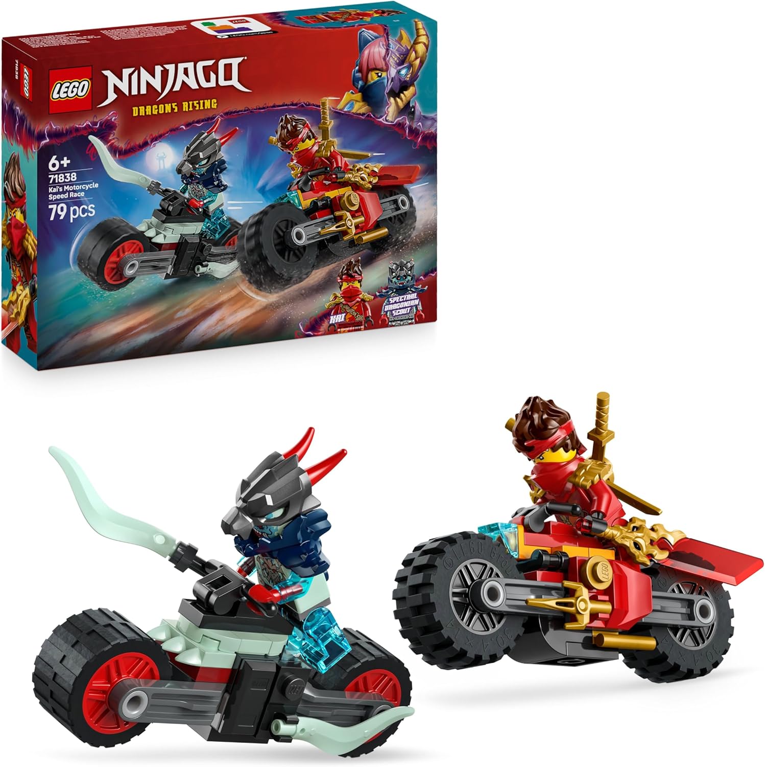 LEGO NINJAGO Gara di Velocità sulla Moto di Kai - Set Ninja con 2 Motociclette Giocattolo con Ruote Mobili, 2 Minifigure e Accessori - Regalo per Bambini da 6 Anni Fan di La Rivolta dei Draghi 71838