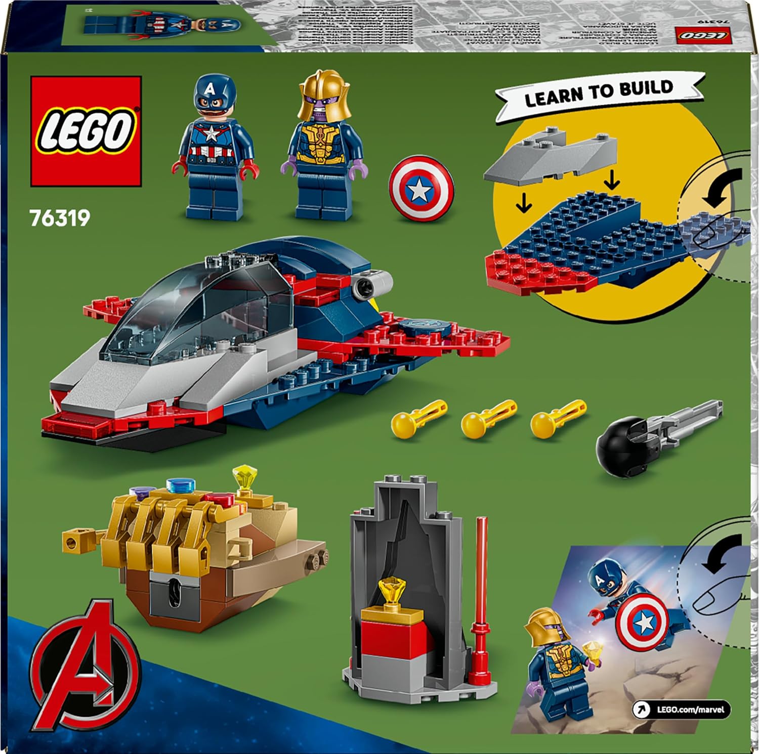LEGO ǀ Marvel Capitan America Contro Thanos - Giocattolo Avengers con Aereo e 2 Minifigure con Accessori Incluso lo Scudo di Cap - Regalo da Supereroi per Bambini da 4 Anni in su - 76319