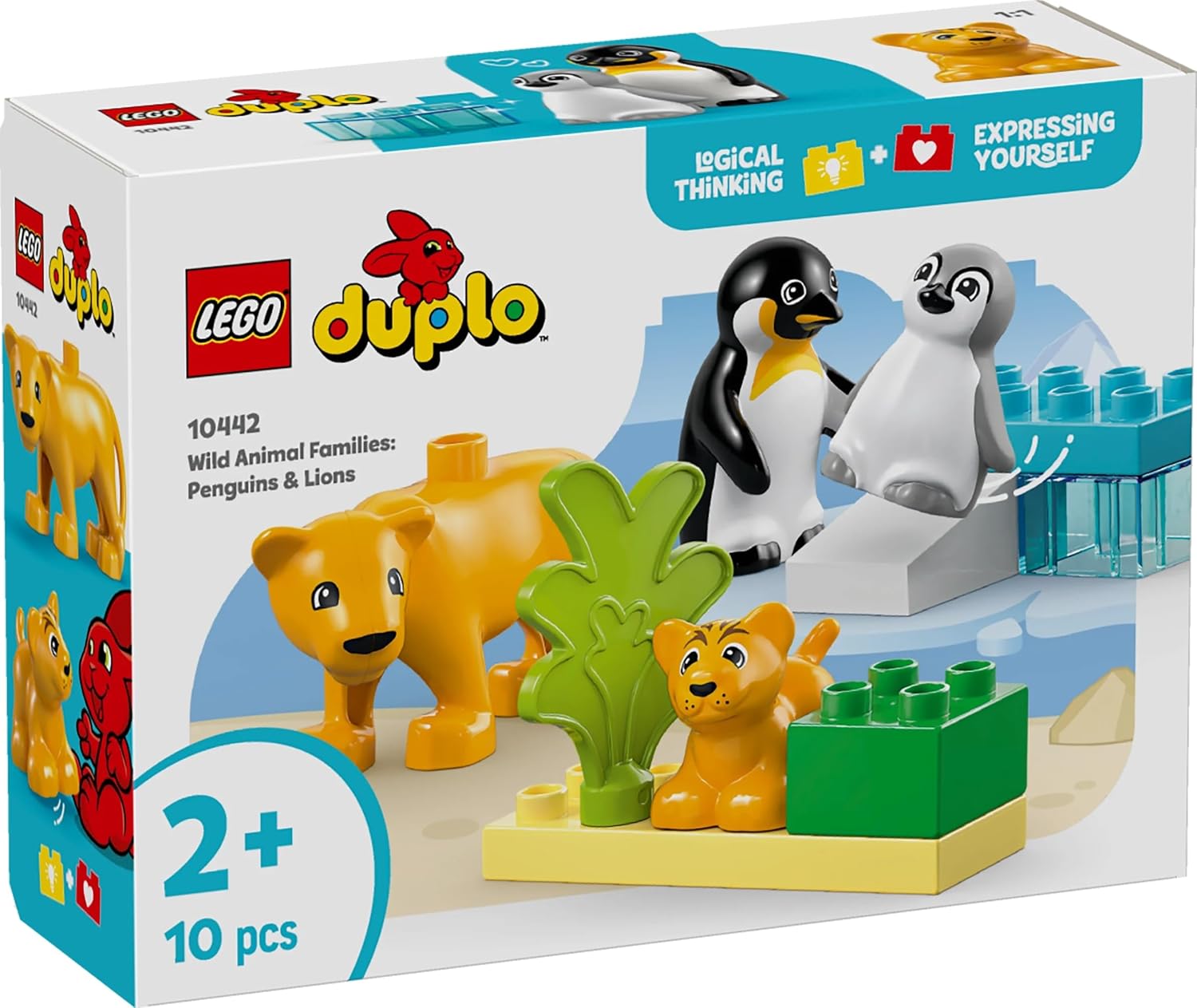 LEGO DUPLO Famiglie di Animali: Pinguini e Leoni - Giocattolo per lo Sviluppo della Motricità Fine - Gioco Didattico per Bambini e Bambine da 2 Anni con 4 Animali e Accessori - Idea Regalo - 10442
