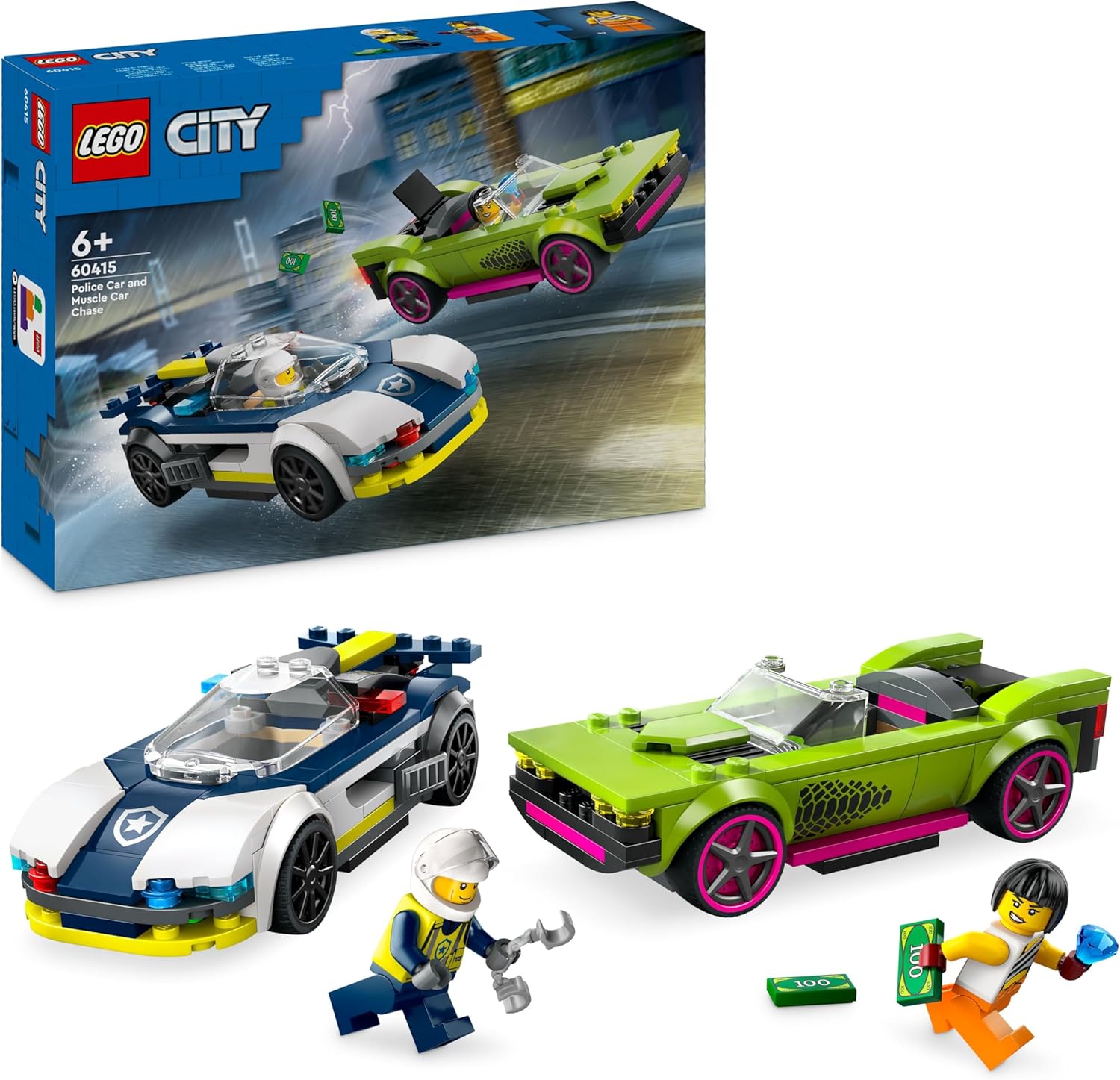 LEGO City Inseguimento della Macchina da Corsa, Set con 2 Modellini di Auto da Costruire della Polizia, Giocattolo per Bambini e Bambine da 6 Anni in su con Veicolo di Emergenza e 2 Minifigure 60415