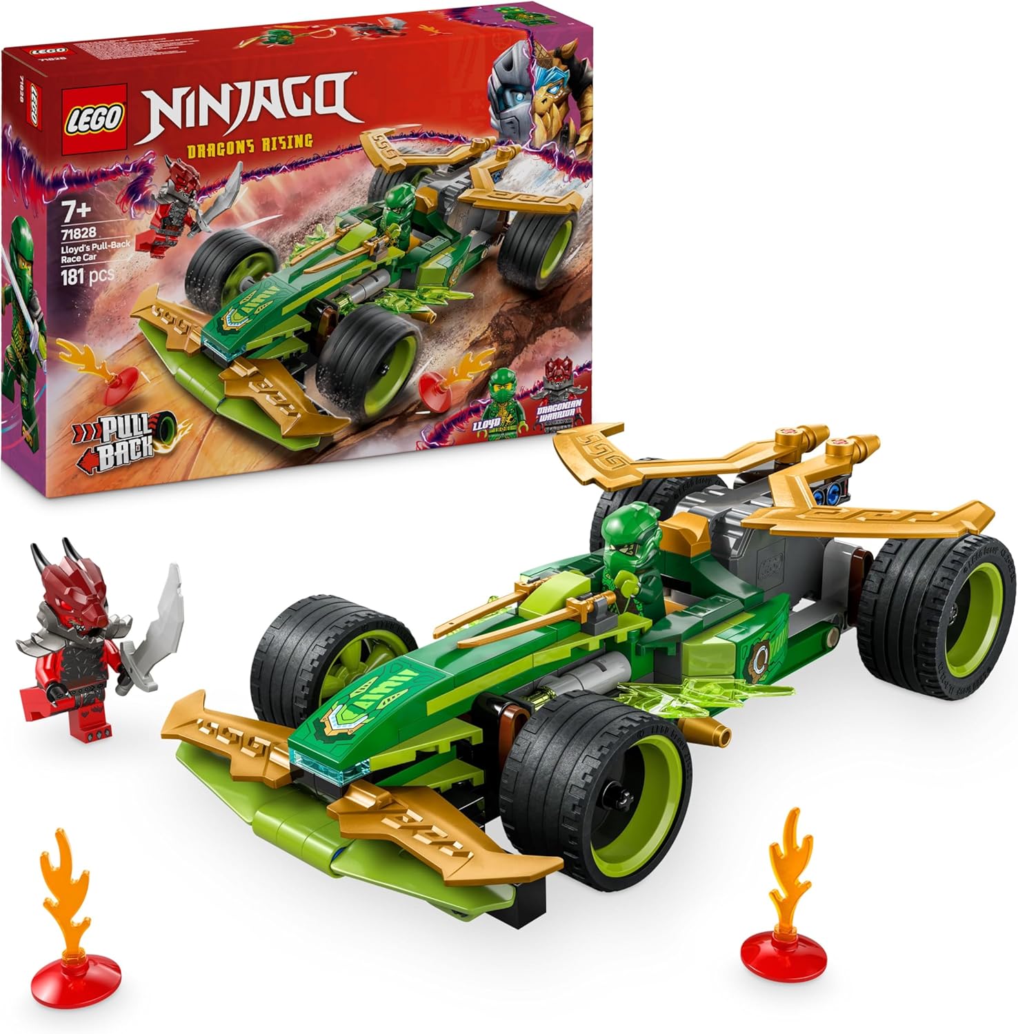 LEGO NINJAGO Racer Pull-Back di Lloyd - Modello di Auto da Corsa Giocattolo con 2 Minifigure, Armatura, Spade e Elementi Fulmine, Giochi per Bambini e Bambine da 7 Anni Fan delle Macchine Ninja 71828