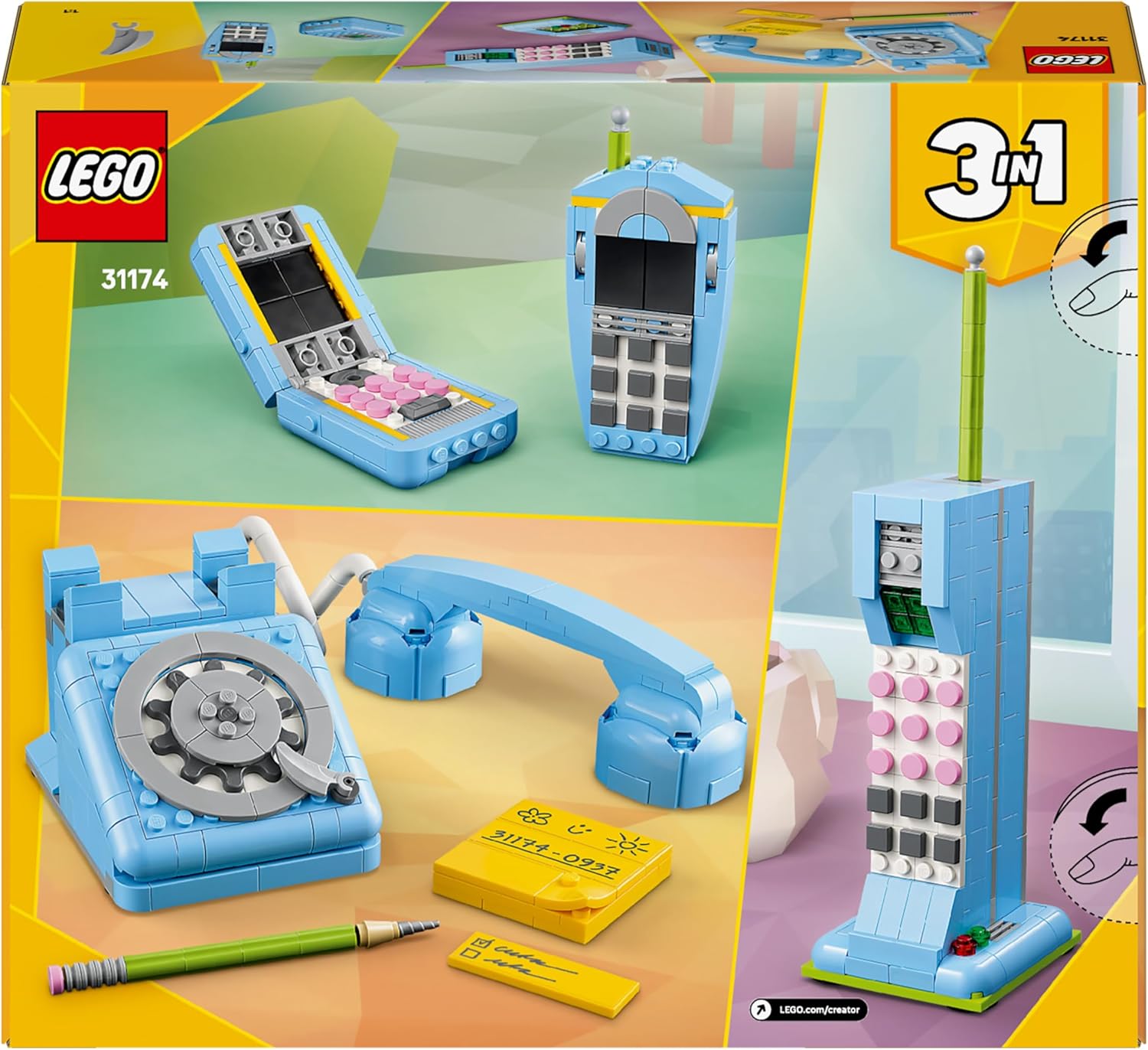 LEGO Creator 3in1 Telefono Retrò con Disco di Selezione Rotante - Si Trasforma in un Modello Anni '80 o in 2 Telefoni Cellulari Anni 2000 - Regalo Creativo per Bambine e Bambini da 8 Anni - 31174