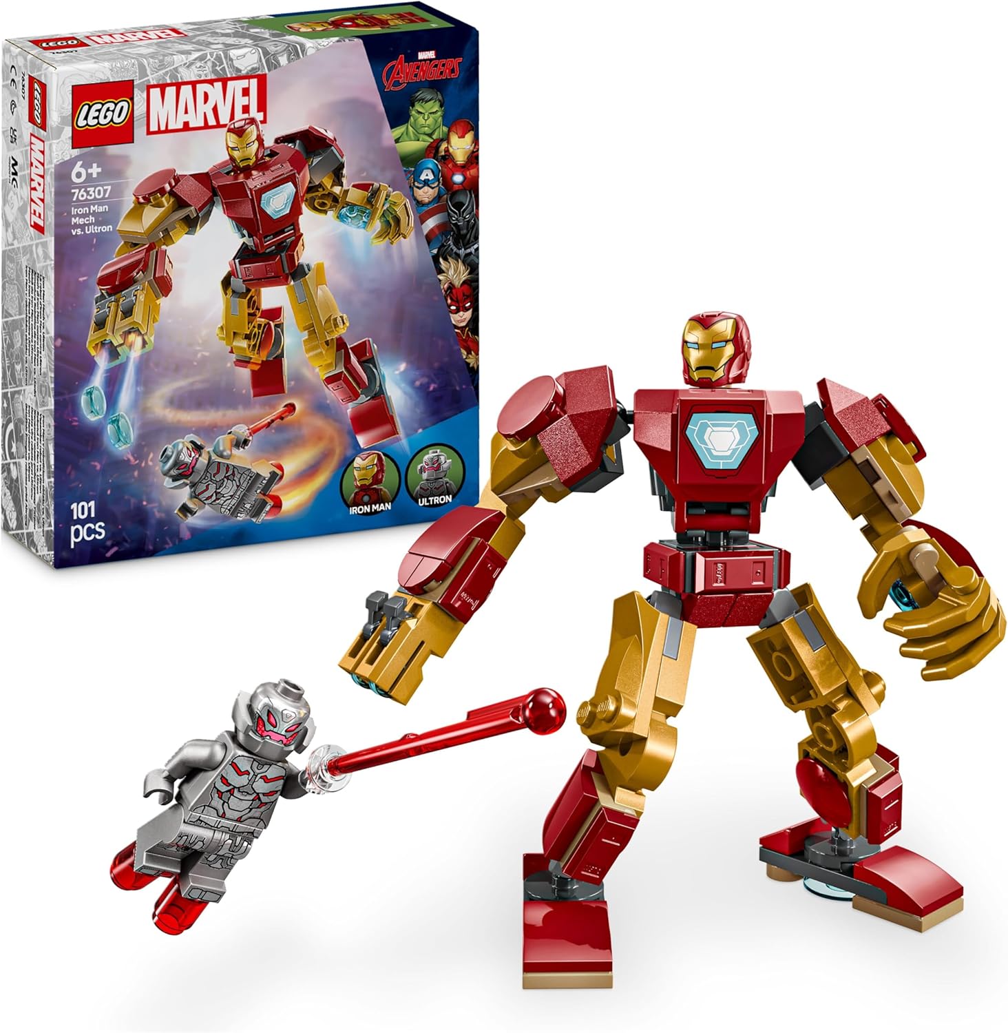 LEGO | Marvel Mech di Iron Man Contro Ultron - Action Figure Giocattolo Snodabile da Costruire con 2 Minifigure, Gioco per Bambini e Bambine da 6 Anni in su Fan dei Supereroi, Idea Regalo 76307