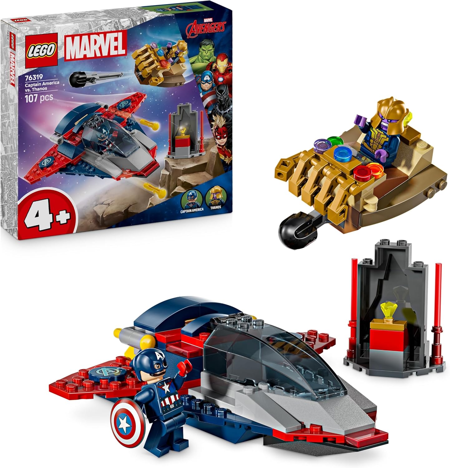 LEGO ǀ Marvel Capitan America Contro Thanos - Giocattolo Avengers con Aereo e 2 Minifigure con Accessori Incluso lo Scudo di Cap - Regalo da Supereroi per Bambini da 4 Anni in su - 76319