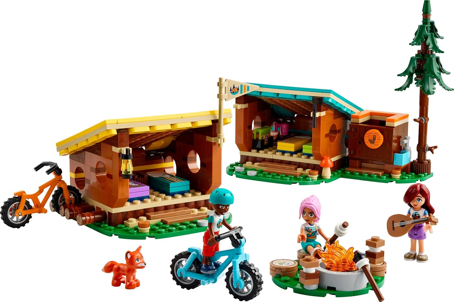LEGO Friends Cabine Relax al Campo Avventure, Giochi Educativi per Bambine e Bambini da 7 Anni, Campeggio Giocattolo da Costruire con 3 Personaggi, 2 Mountain Bike e una Volpe, Idee Regalo 42624