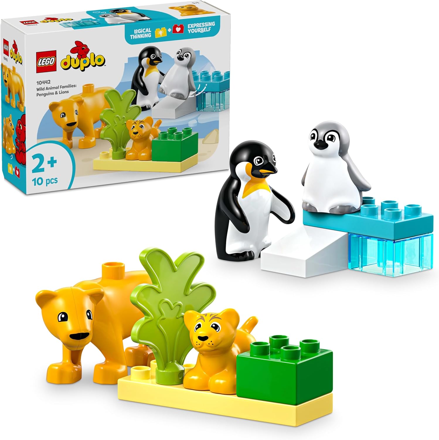 LEGO DUPLO Famiglie di Animali: Pinguini e Leoni - Giocattolo per lo Sviluppo della Motricità Fine - Gioco Didattico per Bambini e Bambine da 2 Anni con 4 Animali e Accessori - Idea Regalo - 10442