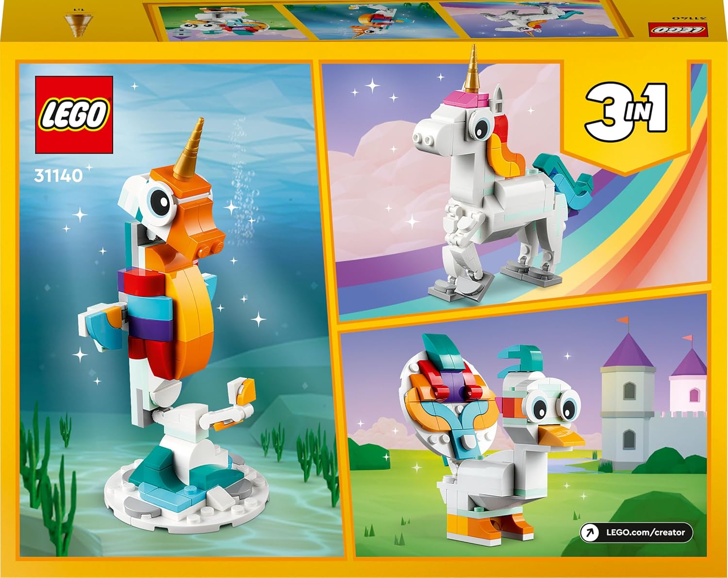 LEGO Creator 3 in 1 Unicorno Magico Giocattolo - Animale che si Trasforma in Cavalluccio Marino o in Pavone - Regalo Creativo per Bambine e Bambini da 7 Anni in su - 31140