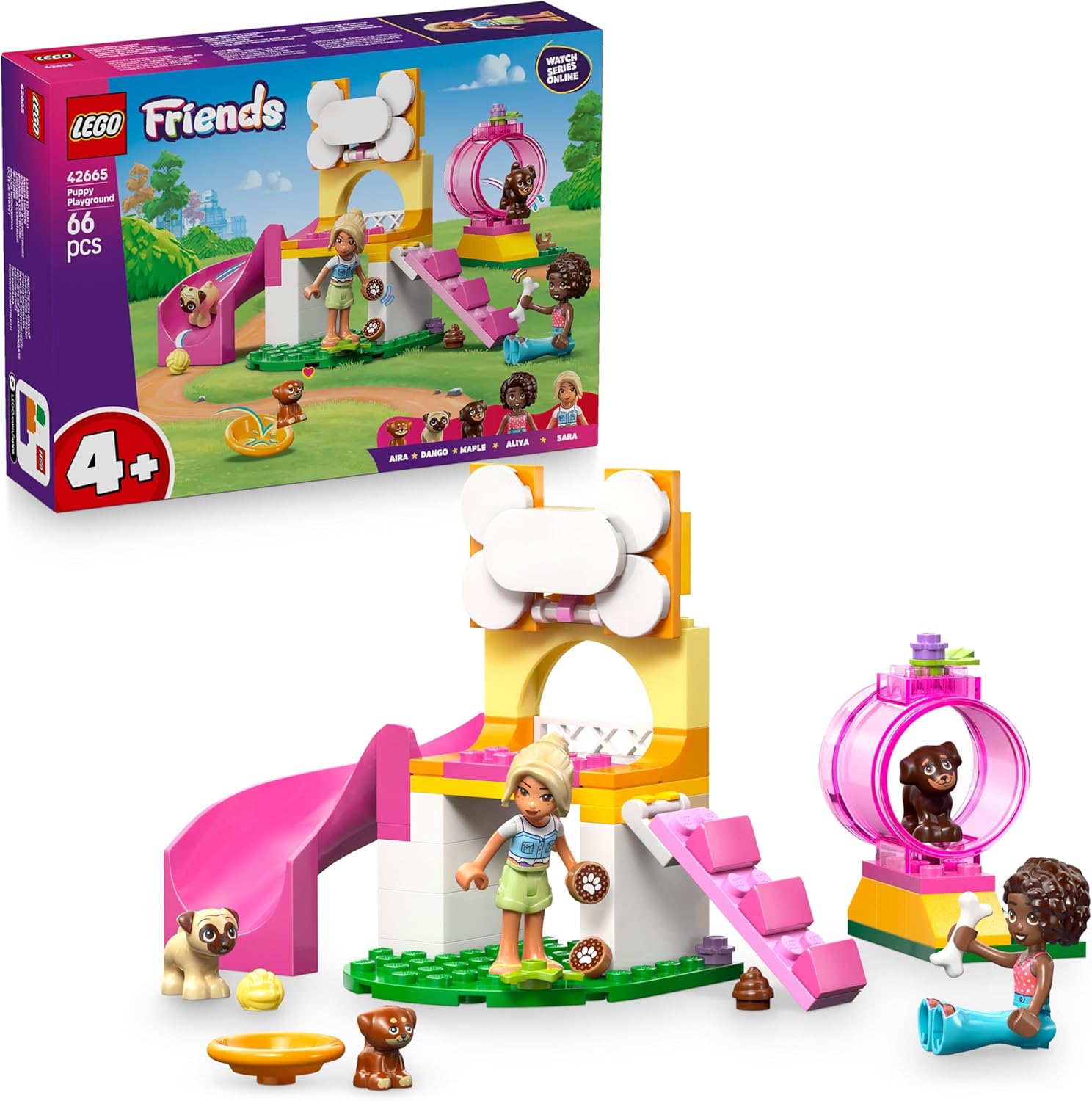 LEGO Friends Il Parco Giochi dei Cuccioli Giocattolo - con Parco con Scivolo, 2 Mini Bamboline, 3 Figure di Cani e Accessori per Animali Domestici - Regalo Creativo per Bambine da 4 Anni - 42665