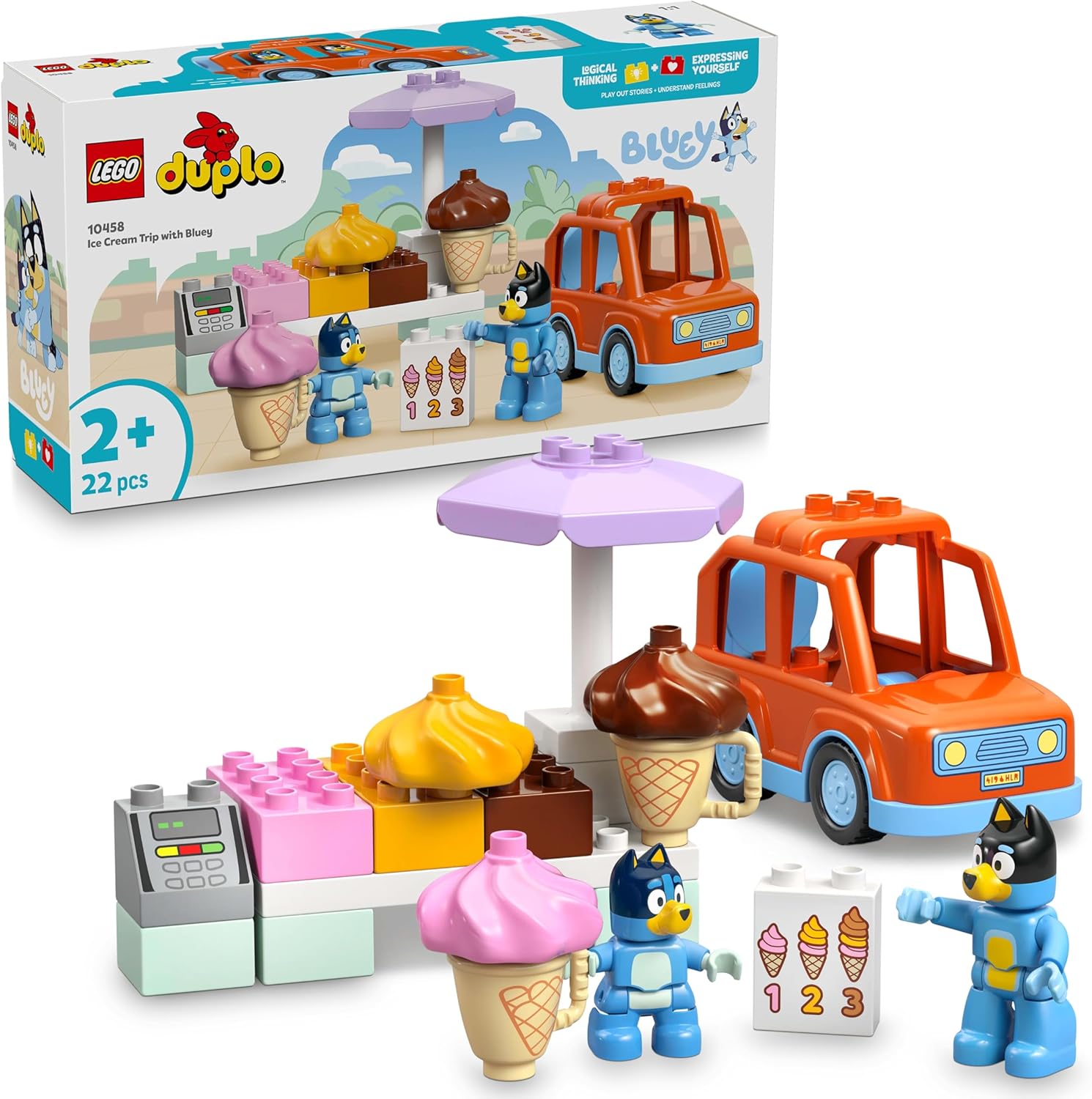 LEGO DUPLO Bluey: Visita alla Gelateria di Bluey - Gioco Educativo per Motricità Fine con Macchina Giocattolo, Stand dei Gelati e 2 Figure tra cui Bandit - Regalo per Bambine e Bambini 2+ Anni - 10458