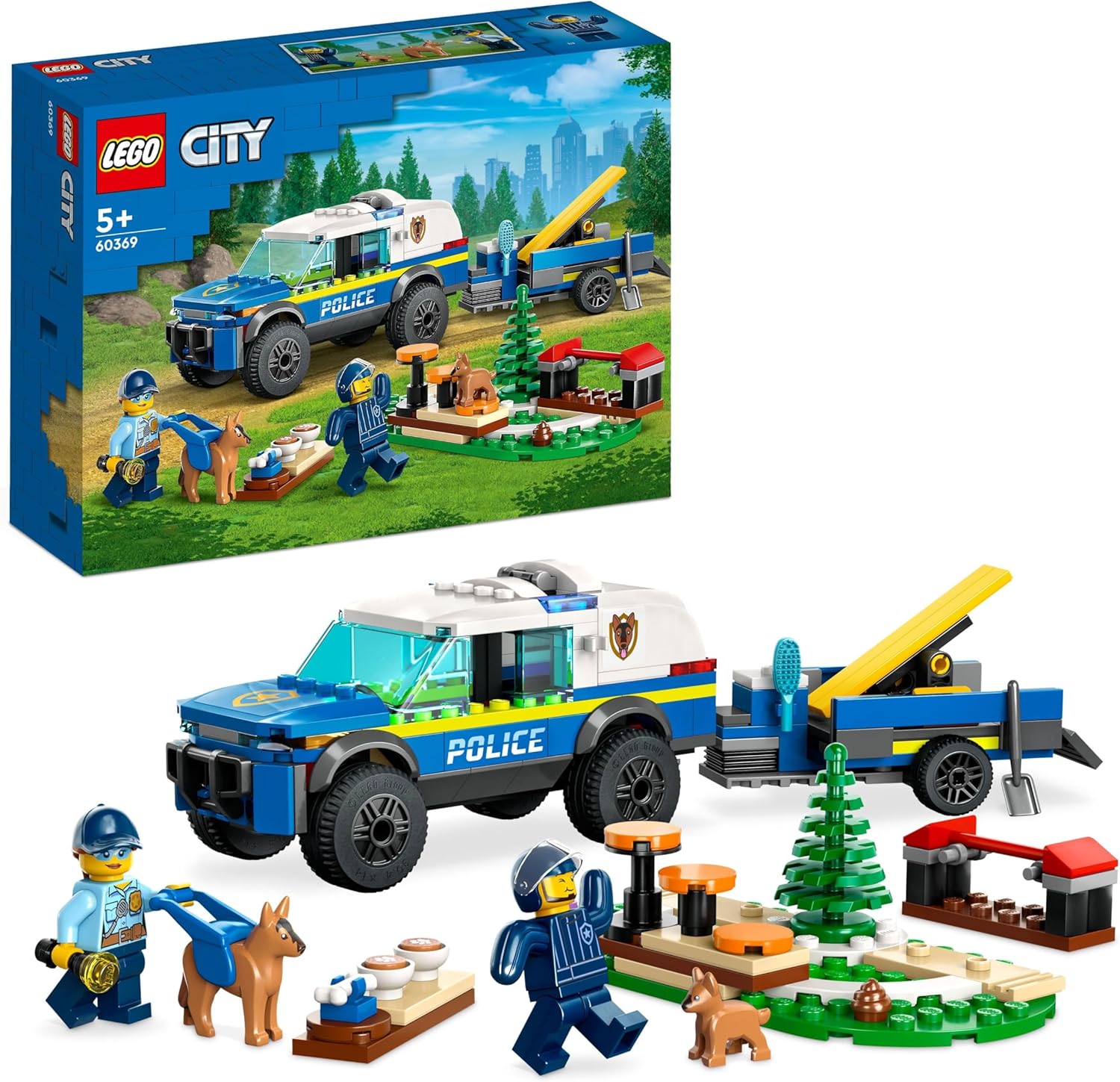 LEGO 60369 City Addestramento Cinofilo Mobile, Set con Percorso a Ostacoli, SUV Macchina Polizia Giocattolo e Rimorchio, 2 Figure di Animali, Giochi per Bambini