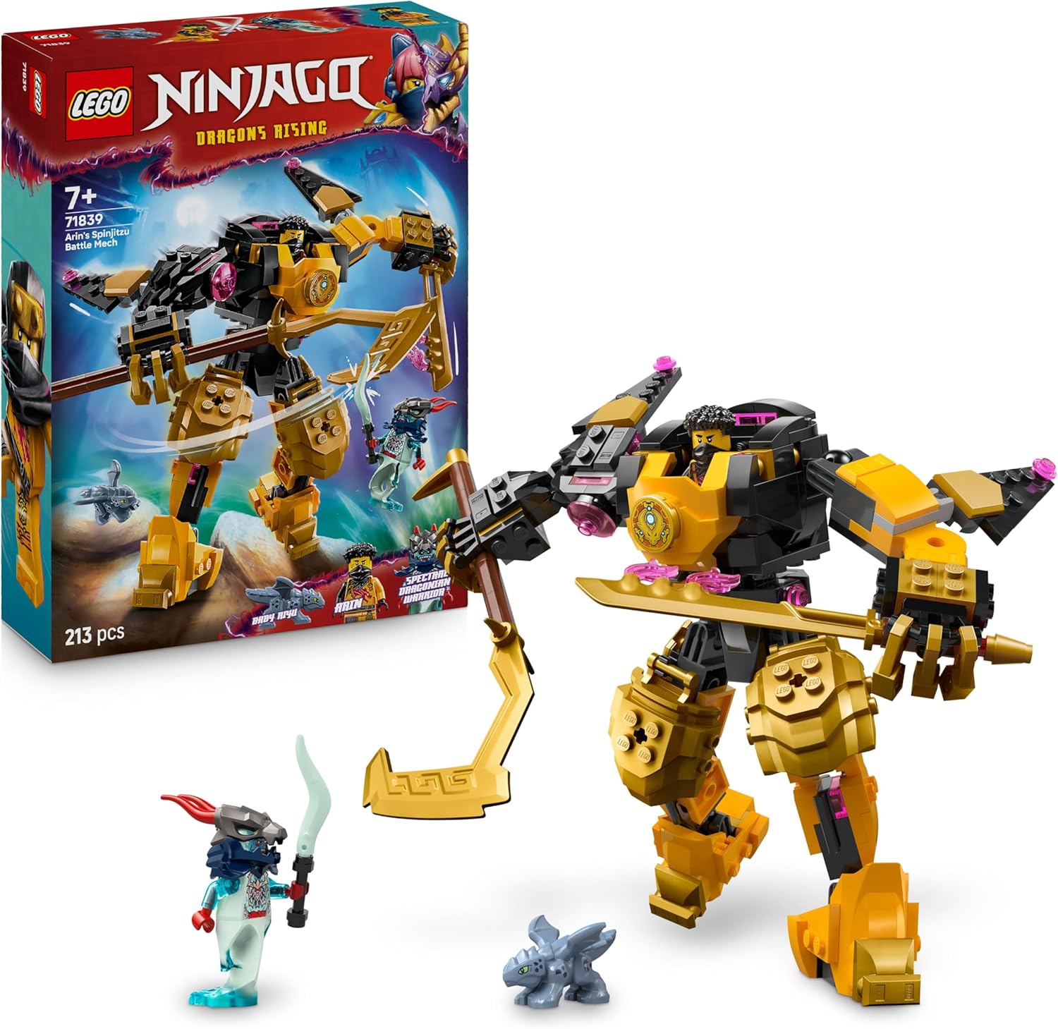 LEGO NINJAGO Battle Mech Spinjitzu di Arin - Action Figure Snodabile con Parti Scambiabili, Drago Giocattolo Baby Riyu e 2 Minifigure - Regalo per Bambini da 7 Anni Fan di La Rivolta dei Draghi 71839
