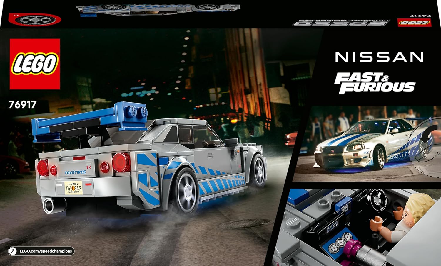 LEGO 76917 Speed Champions 2 Fast 2 Furious Nissan Skyline GT-R (R34) Macchina Giocattolo, Modellino Auto da Collezione 2023 con Minifigure, Giochi per Bambini