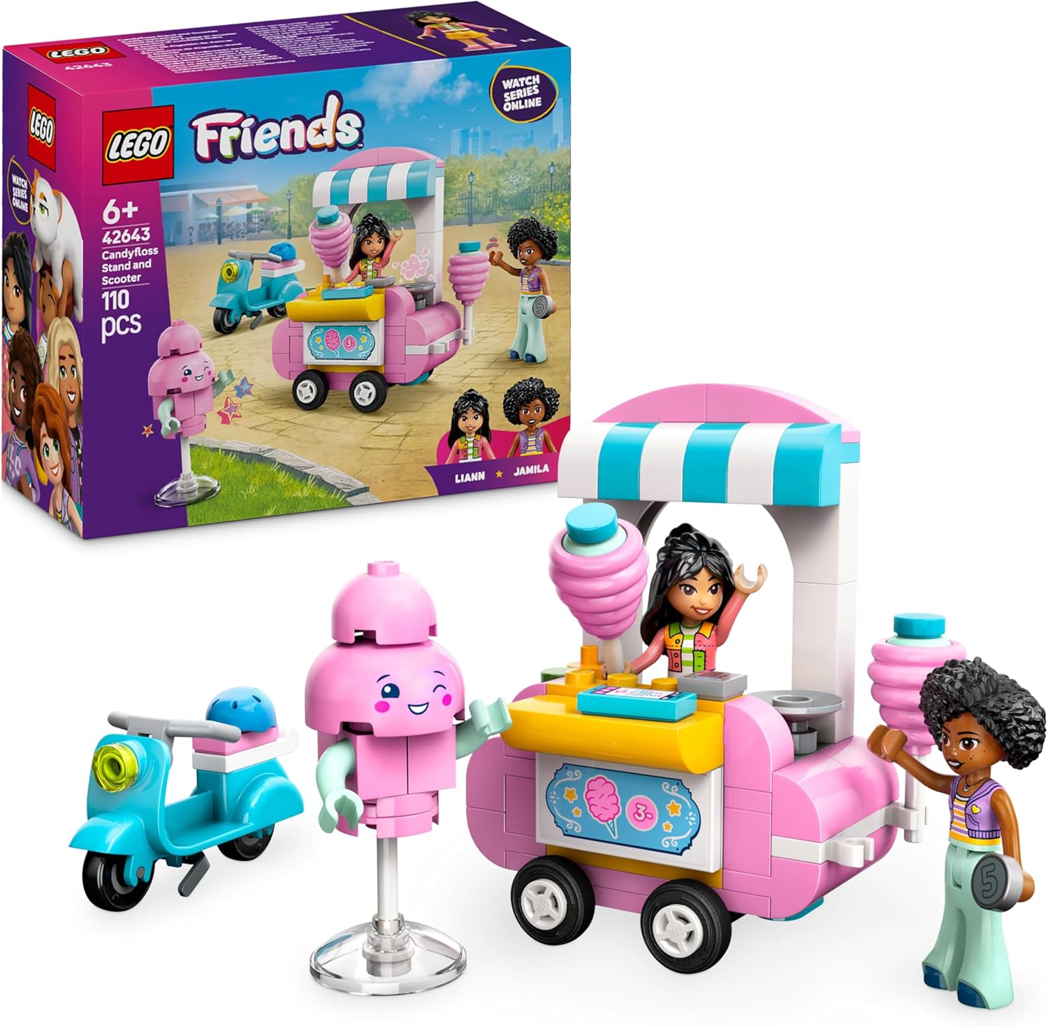 LEGO Friends Bancarella di Zucchero Filato e Scooter, Giochi di Ruolo Creativi per Bambine da 6 Anni con Mini Bamboline di Liann e Jamila, Veicolo, Carrello con Ruote e Cibo Giocattolo 42643