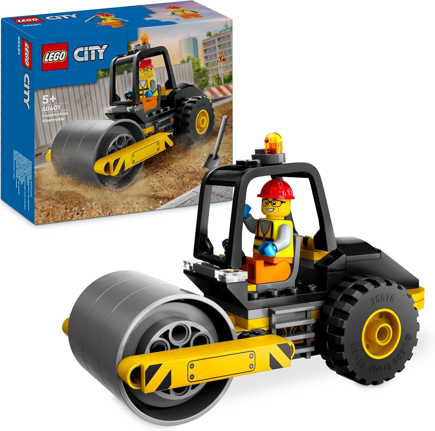 LEGO City Rullo Compressore, Set di Costruzioni Giocattolo per Bambini e Bambine da 5 Anni in su, Veicolo Stradale da Cantiere con Minifigure dell'Operaio Edile, Regalo Divertente 60401