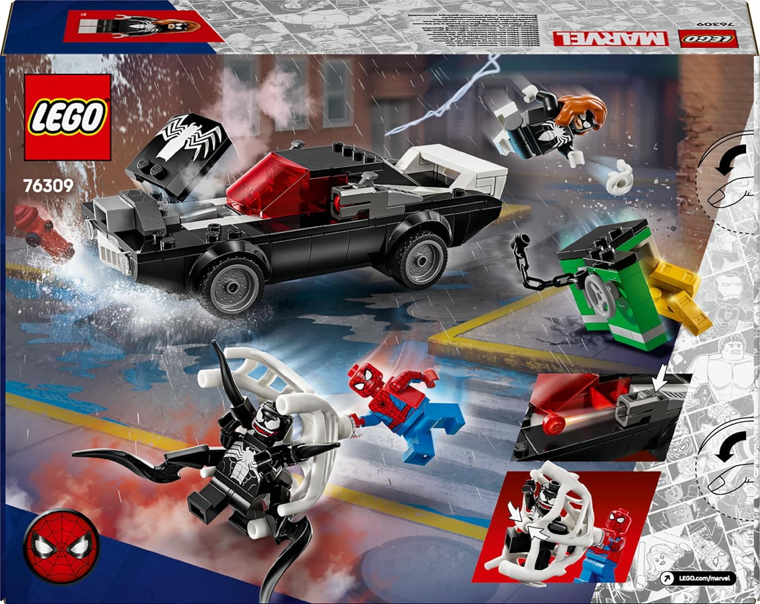 LEGO | Marvel Spider-Man Contro Muscle Car di Venom - Macchina Giocattolo da Costruire con 3 Minifigure, Giochi per Bambini da 7 Anni Fan dei Supereroi, dei Veicoli e dei Modelli di Auto 76309