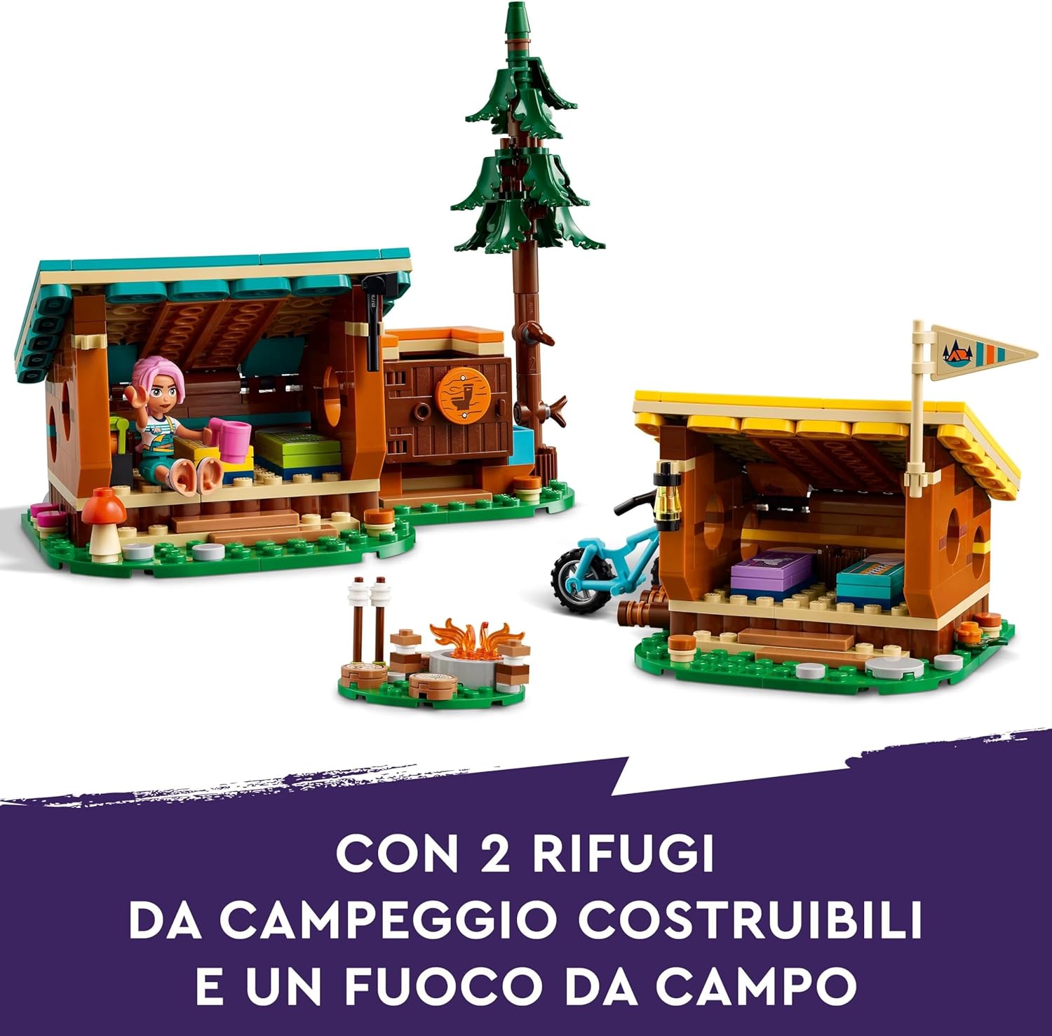 LEGO Friends Cabine Relax al Campo Avventure, Giochi Educativi per Bambine e Bambini da 7 Anni, Campeggio Giocattolo da Costruire con 3 Personaggi, 2 Mountain Bike e una Volpe, Idee Regalo 42624