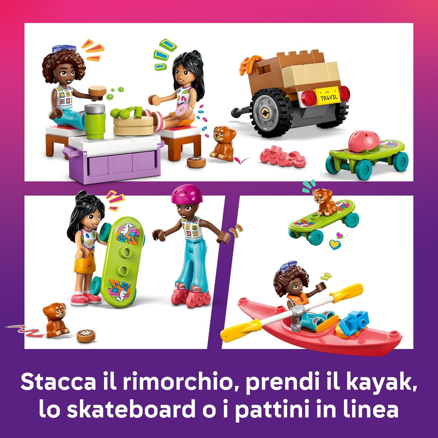 LEGO Friends Viaggio in Auto con il Cucciolo - Macchina Giocattolo con Rimorchio, 2 Mini Bamboline, Cane, Kayak e Accessori tra cui Skateboard e Pattini a Rotelle - Set per Bambine da 6 Anni - 42659