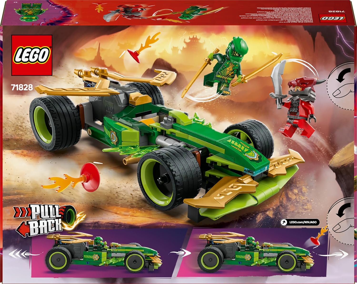 LEGO NINJAGO Racer Pull-Back di Lloyd - Modello di Auto da Corsa Giocattolo con 2 Minifigure, Armatura, Spade e Elementi Fulmine, Giochi per Bambini e Bambine da 7 Anni Fan delle Macchine Ninja 71828
