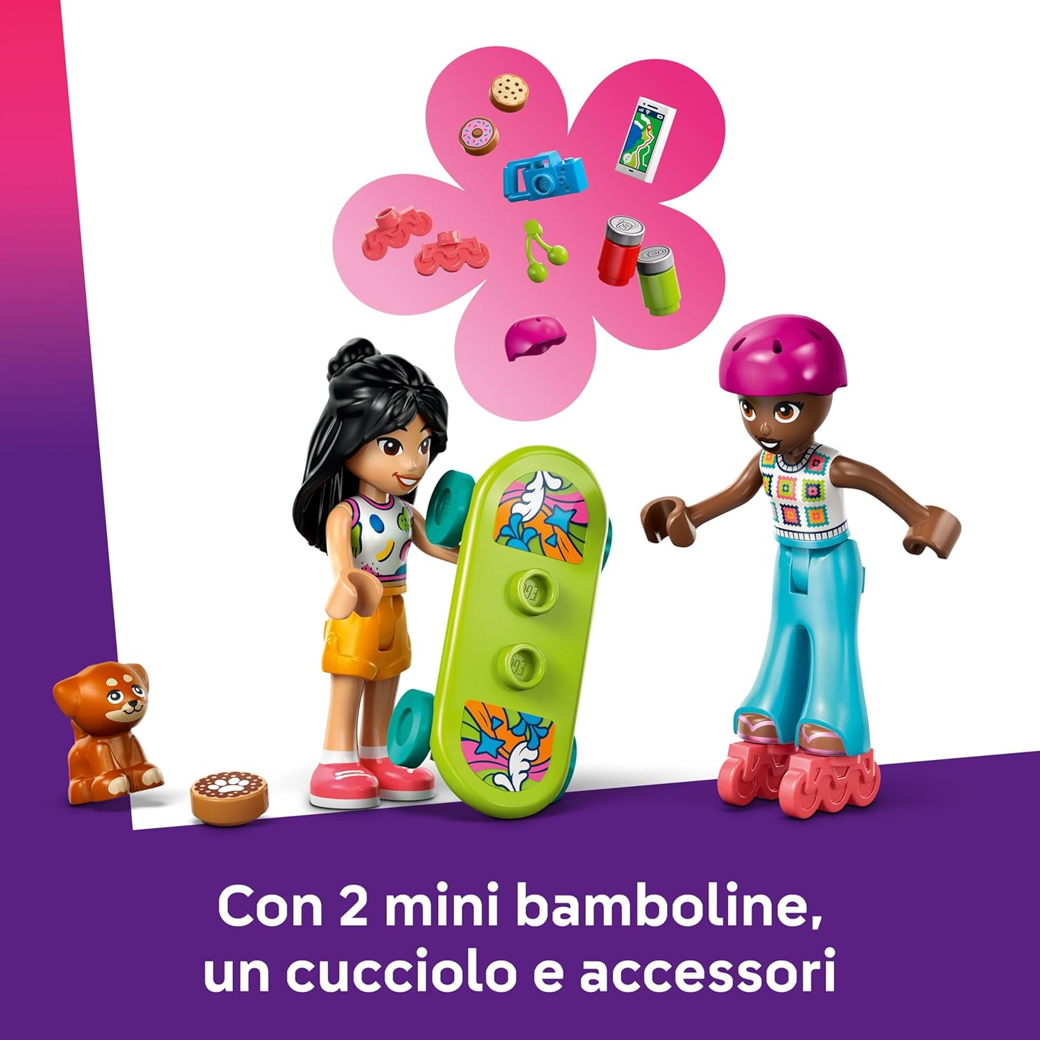 LEGO Friends Viaggio in Auto con il Cucciolo - Macchina Giocattolo con Rimorchio, 2 Mini Bamboline, Cane, Kayak e Accessori tra cui Skateboard e Pattini a Rotelle - Set per Bambine da 6 Anni - 42659
