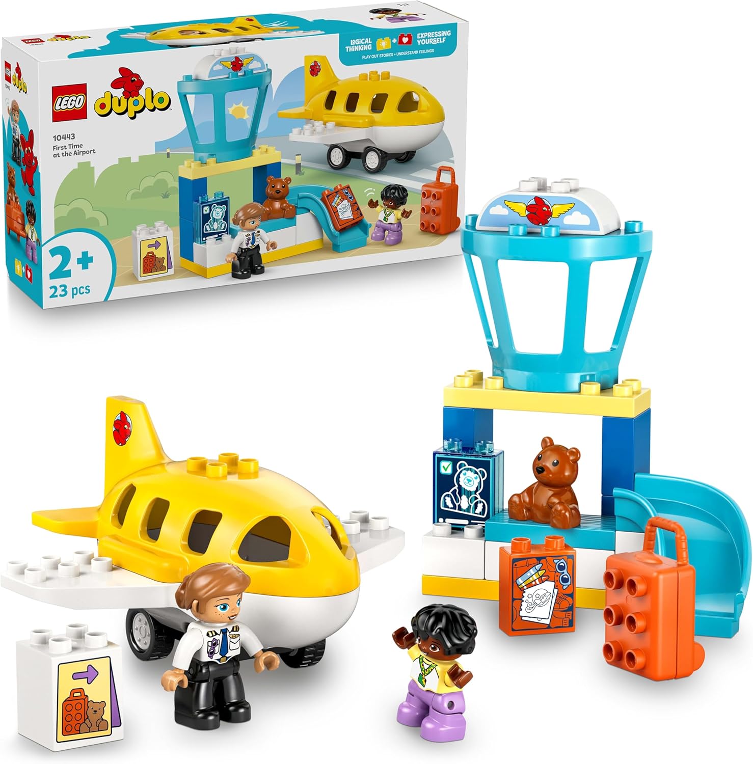 LEGO DUPLO La Prima Volta in Aeroporto - Gioco Educativo per la Motricità Fine con Aereo Giocattolo, 2 Figure e un Orsacchiotto - Regalo di Compleanno per Bambini e Bambine da 2 Anni in su - 10443