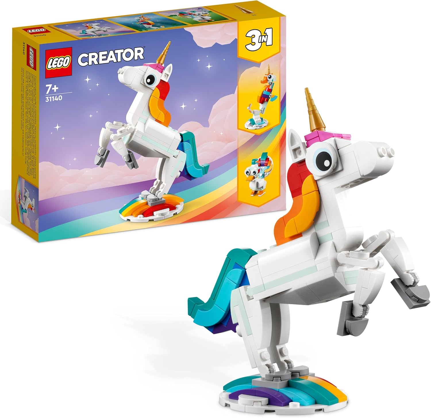 LEGO Creator 3 in 1 Unicorno Magico Giocattolo - Animale che si Trasforma in Cavalluccio Marino o in Pavone - Regalo Creativo per Bambine e Bambini da 7 Anni in su - 31140