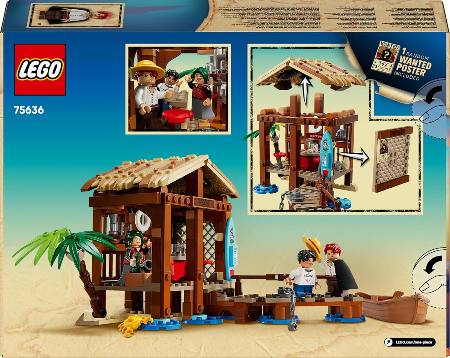 LEGO ONE PIECE La Capanna del Villaggio Foosha Giocattolo con Barca, Minifigure di Luffy, Shanks e Makino, Accessori e Poster Ricercato - Regalo per Bambini, Bambine e Fan degli Anime da 8 Anni 75636