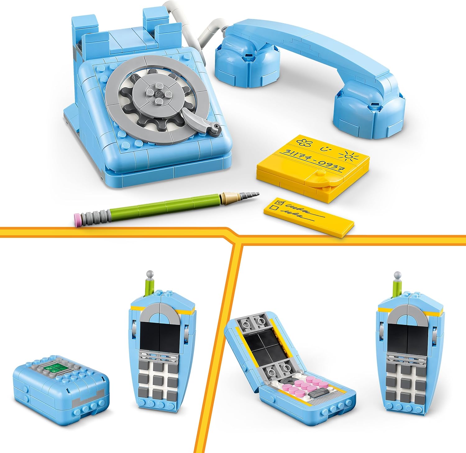 LEGO Creator 3in1 Telefono Retrò con Disco di Selezione Rotante - Si Trasforma in un Modello Anni '80 o in 2 Telefoni Cellulari Anni 2000 - Regalo Creativo per Bambine e Bambini da 8 Anni - 31174