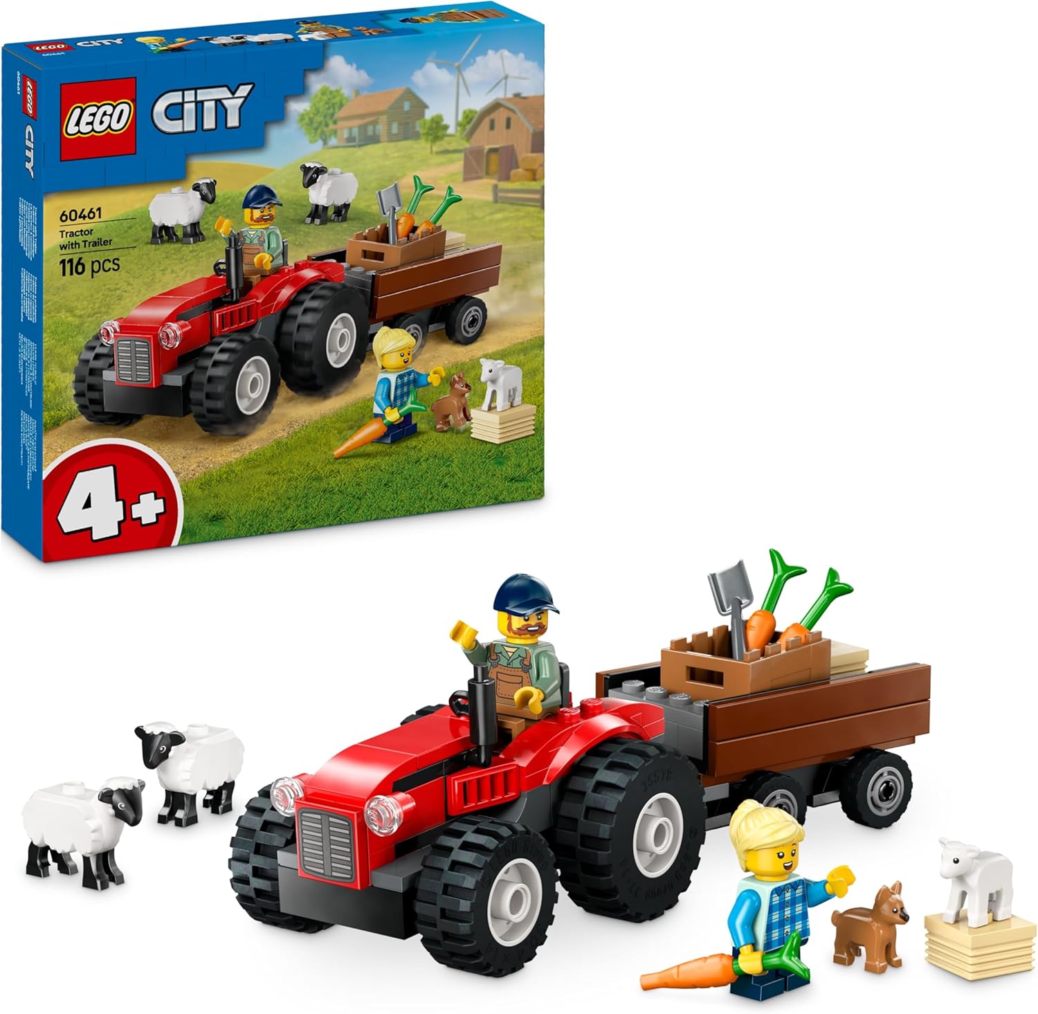 LEGO City Trattore Agricolo Rosso con Rimorchio e Pecore - Giocattoli della Fattoria con Veicolo e Figure di Animali - Giochi Montessori per l'Apprendimento per Bambini e Bambine da 4 Anni in su 60461