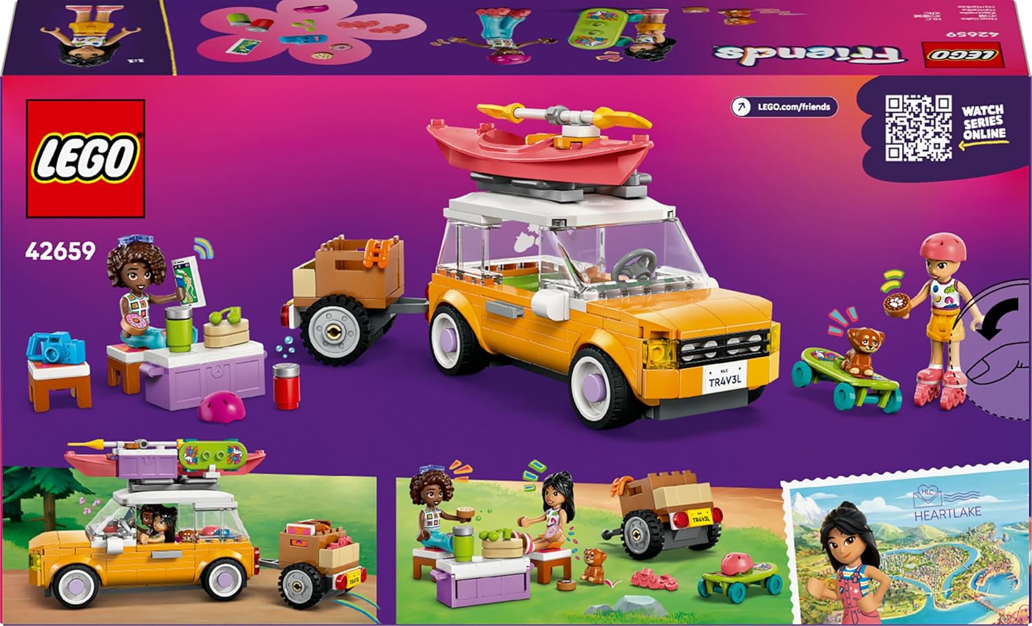 LEGO Friends Viaggio in Auto con il Cucciolo - Macchina Giocattolo con Rimorchio, 2 Mini Bamboline, Cane, Kayak e Accessori tra cui Skateboard e Pattini a Rotelle - Set per Bambine da 6 Anni - 42659