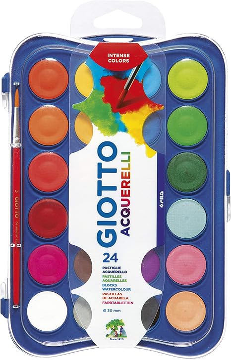 Giotto Acquerelli Tempere Ad Acquerello + 1 Pennello, 30 Mm, 24 Unità, Confezione Da 1, Multicolore (Confezione da 1)