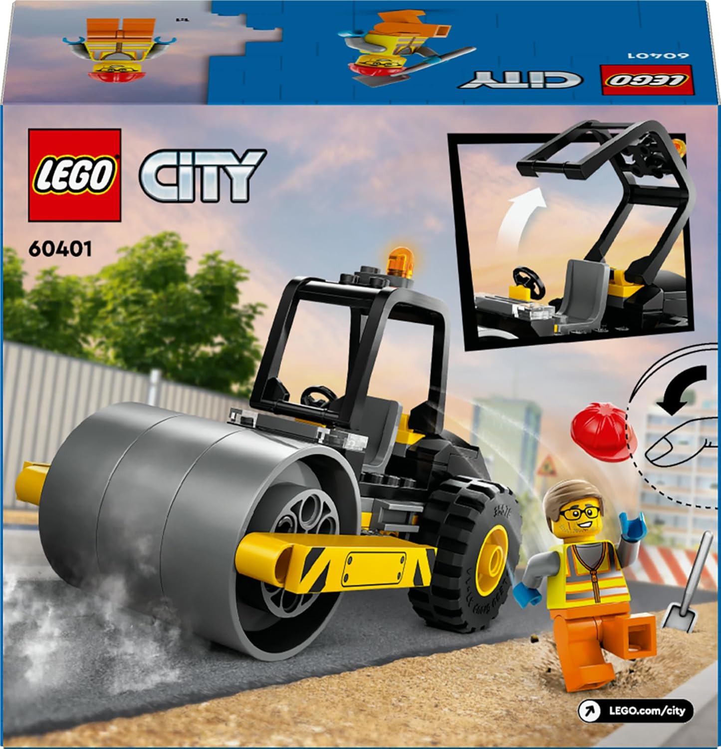 LEGO City Rullo Compressore, Set di Costruzioni Giocattolo per Bambini e Bambine da 5 Anni in su, Veicolo Stradale da Cantiere con Minifigure dell'Operaio Edile, Regalo Divertente 60401