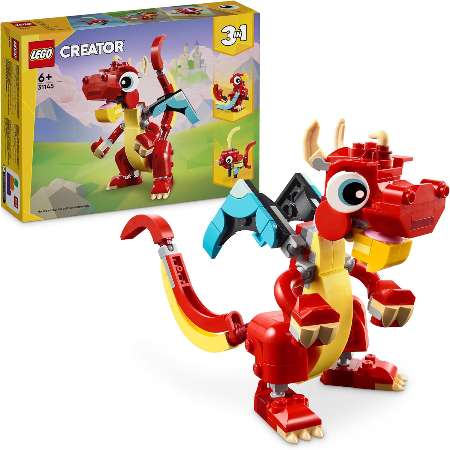 LEGO Creator 3 in 1 Drago Rosso, Giochi per Bambini e Bambine da 6 Anni Fan degli Animali, Action Figure Ricostruibile in Pesce con Pinne Mobili e Fenice Giocattolo, Idea Regalo di Compleanno 31145