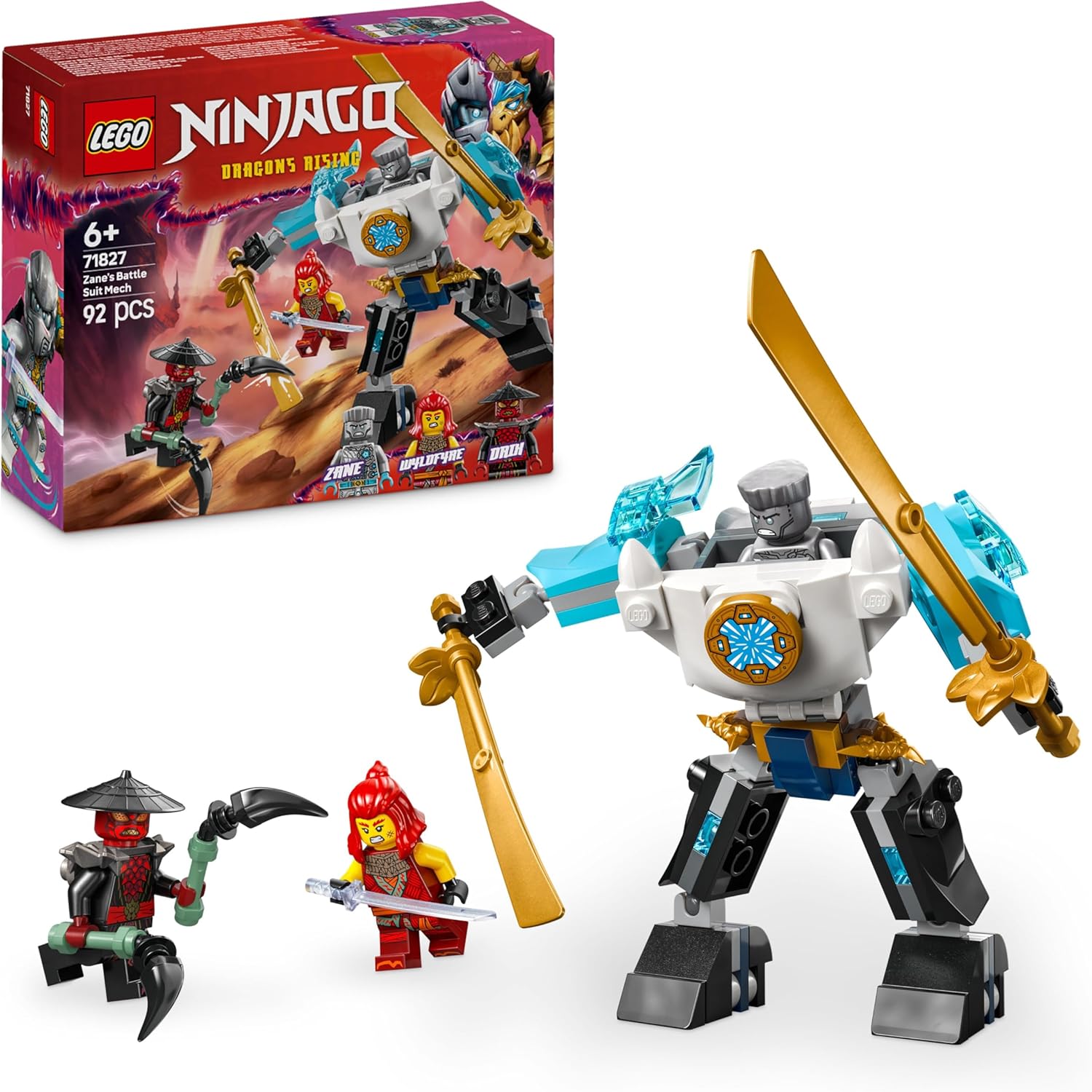 LEGO NINJAGO Mech da Battaglia di Zane - Figura Giocattolo Ninja Snodabile con 3 Minifigure con Armatura, Spade e Accessori, Giochi per Bambini e Bambine da 6 Anni da La Rivolta dei Draghi 71827