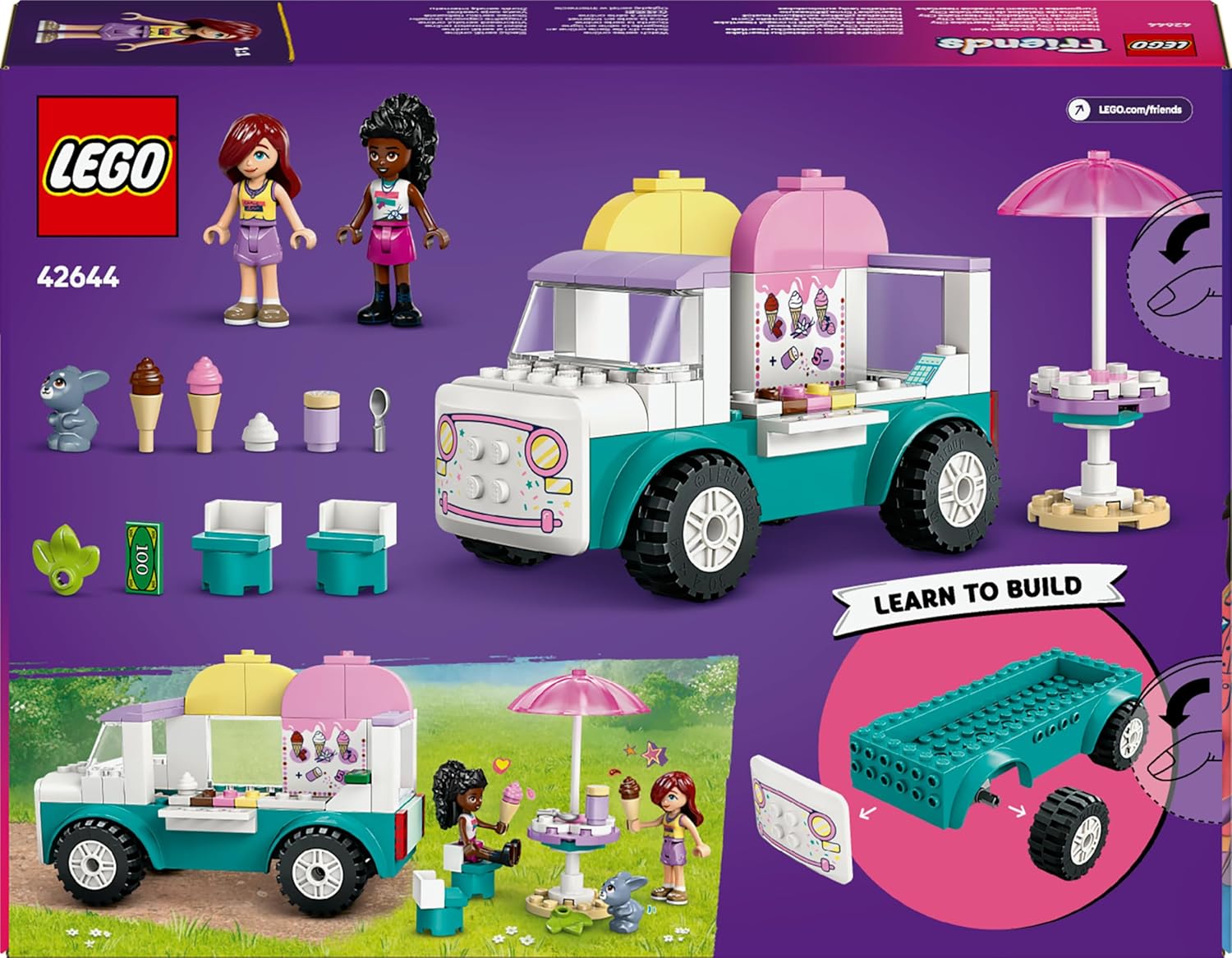 LEGO Friends Il Furgone dei Gelati di Heartlake City, Giochi Creativi e Didattici per Bambine da 4 Anni con Camion Giocattolo, 2 Mini Bamboline, un Coniglietto, Cibo e Accessori, Set con Veicolo 42644
