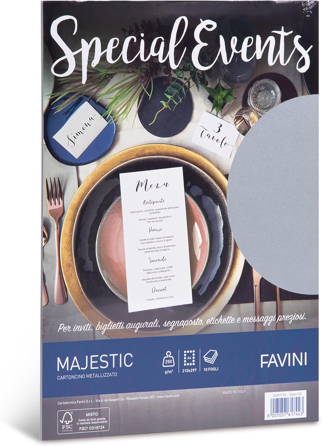 Carta metallizzata Favini Special Events, 10 fogli, 250 g/m²,  formato A4 (21x29,7 cm)