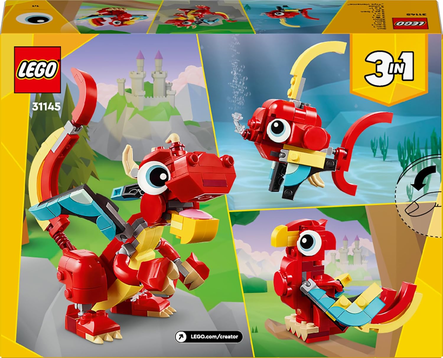LEGO Creator 3 in 1 Drago Rosso, Giochi per Bambini e Bambine da 6 Anni Fan degli Animali, Action Figure Ricostruibile in Pesce con Pinne Mobili e Fenice Giocattolo, Idea Regalo di Compleanno 31145