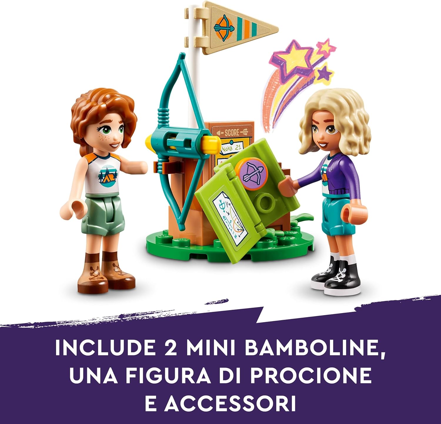 LEGO Friends Tiro con l'Arco al Campo Avventure, Giochi Sportivi per Bambine e Bambini da 6 Anni in su con Arco e Frecce Giocattolo, 2 Mini Bamboline e un Procione, Idee Regalo di Compleanno 42622