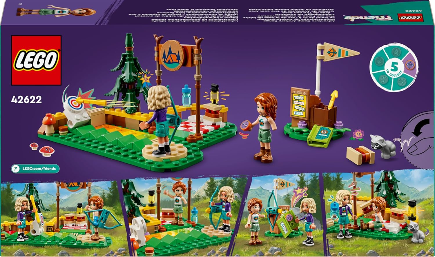 LEGO Friends Tiro con l'Arco al Campo Avventure, Giochi Sportivi per Bambine e Bambini da 6 Anni in su con Arco e Frecce Giocattolo, 2 Mini Bamboline e un Procione, Idee Regalo di Compleanno 42622