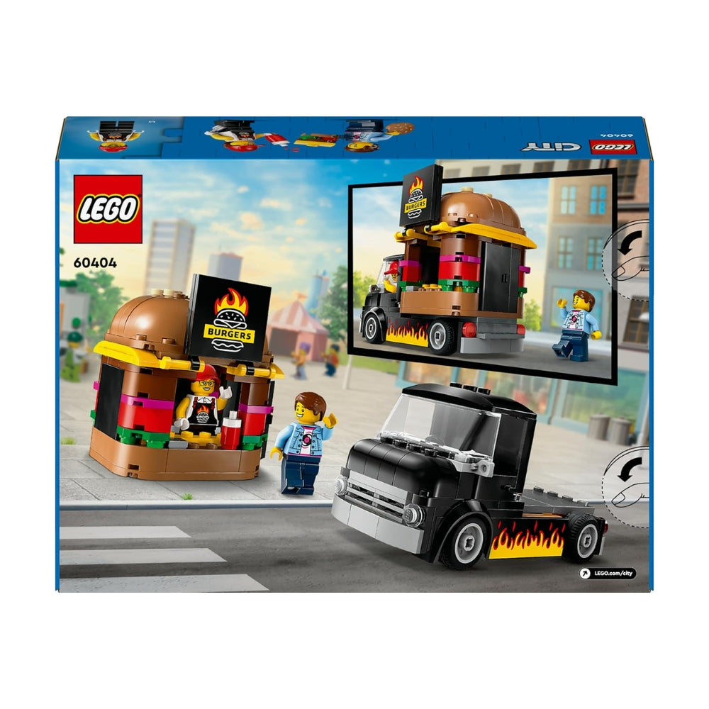 LEGO City Furgone degli Hamburger Giocattolo, Veicolo da Costruire per Bambini e Bambine da 5 Anni in su, Camion Food Truck con Accessori per Cucinare e 2 Minifigure, Regalo Divertente 60404