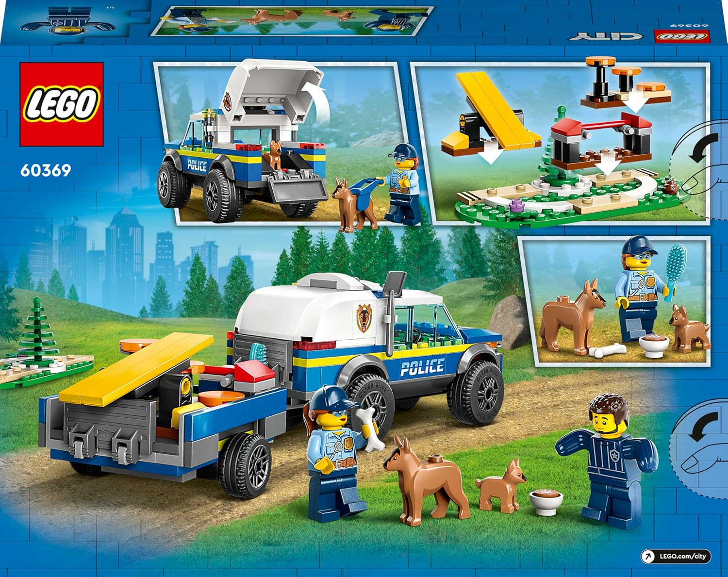 LEGO 60369 City Addestramento Cinofilo Mobile, Set con Percorso a Ostacoli, SUV Macchina Polizia Giocattolo e Rimorchio, 2 Figure di Animali, Giochi per Bambini