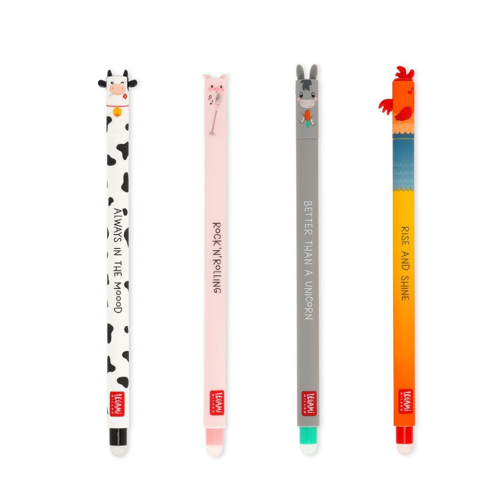 Legami - Set di 4 Penne Gel Cancellabili Farm Sweet Farm - Inchiostro Termosensibile 0,7 mm