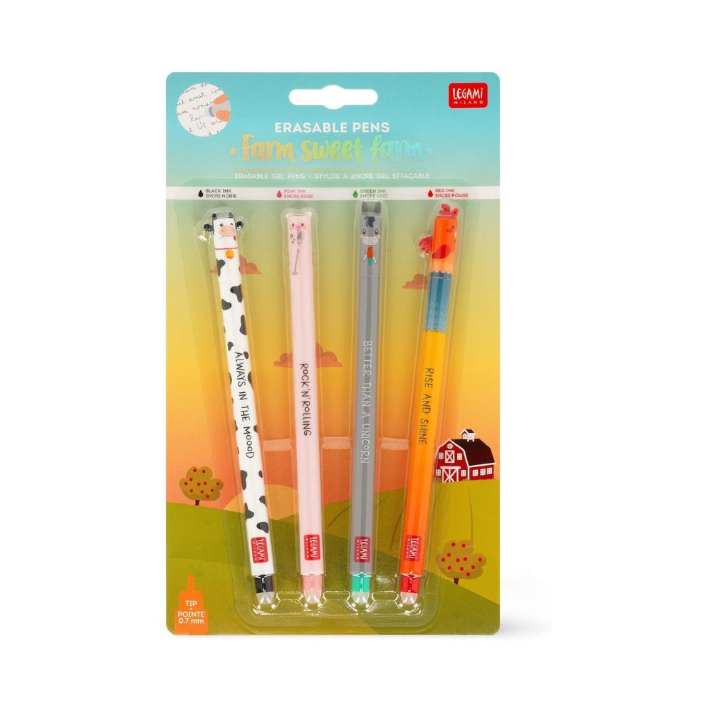 Legami - Set di 4 Penne Gel Cancellabili Farm Sweet Farm - Inchiostro Termosensibile 0,7 mm
