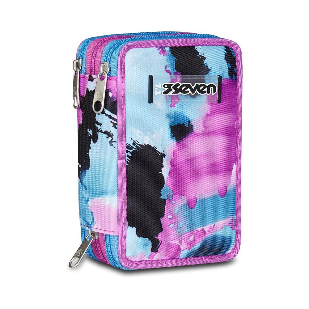 Astuccio Scuola 3 Zip Azzurro Fucsia per Bambina - Seven