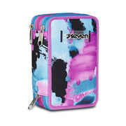 Astuccio Scuola 3 Zip Azzurro Fucsia per Bambina - Seven