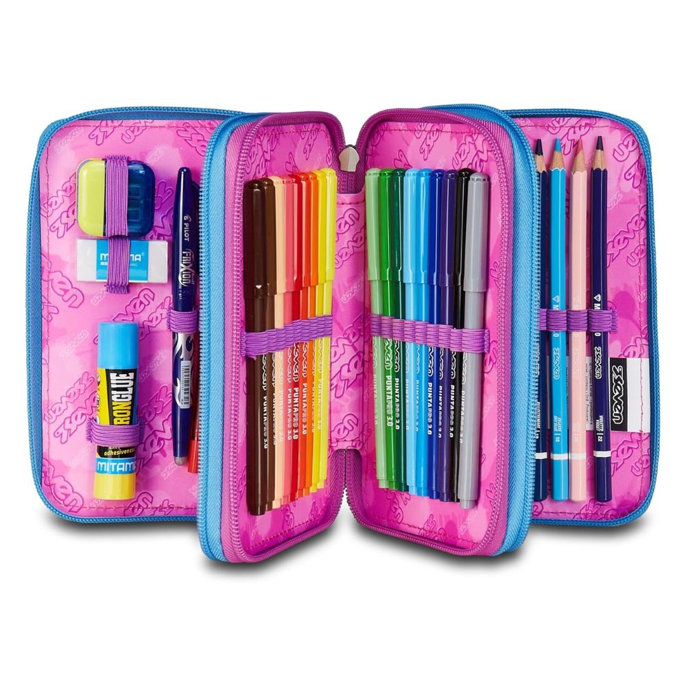 Astuccio Scuola 3 Zip Azzurro Fucsia per Bambina - Seven