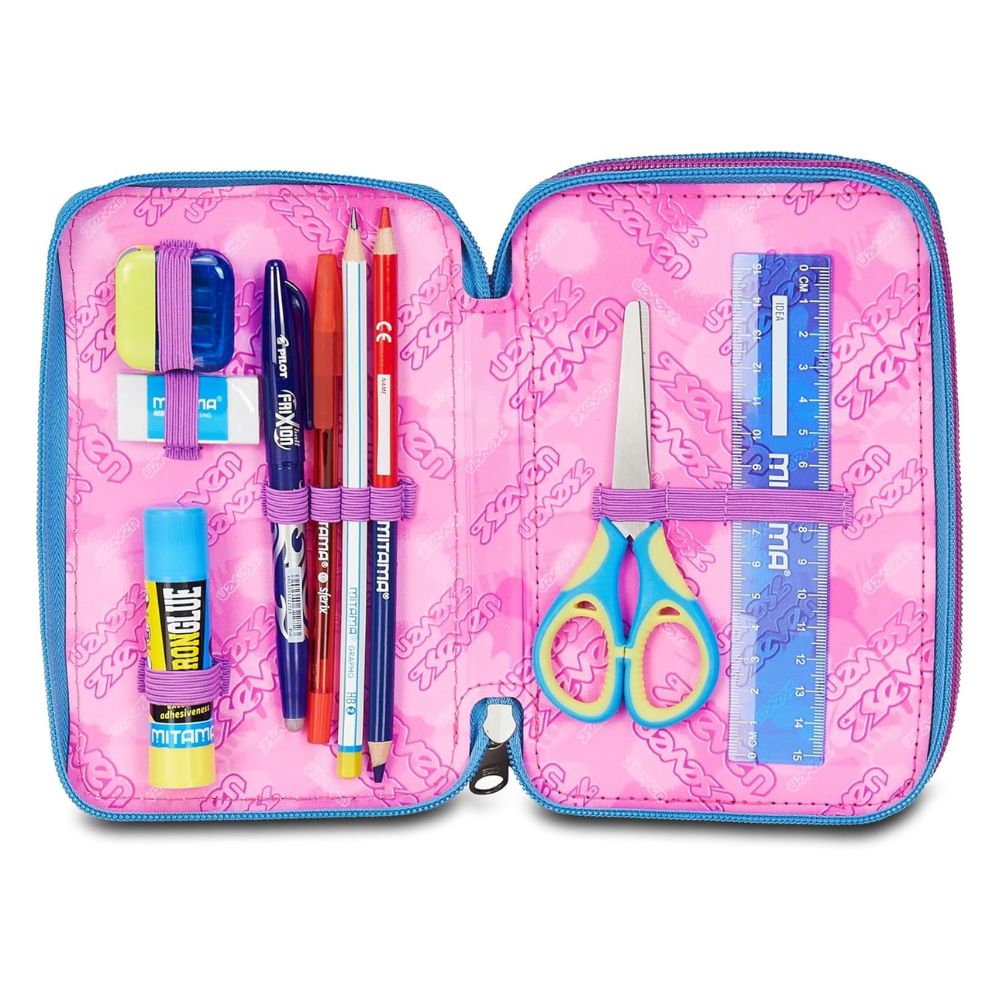Astuccio Scuola 3 Zip Azzurro Fucsia per Bambina - Seven