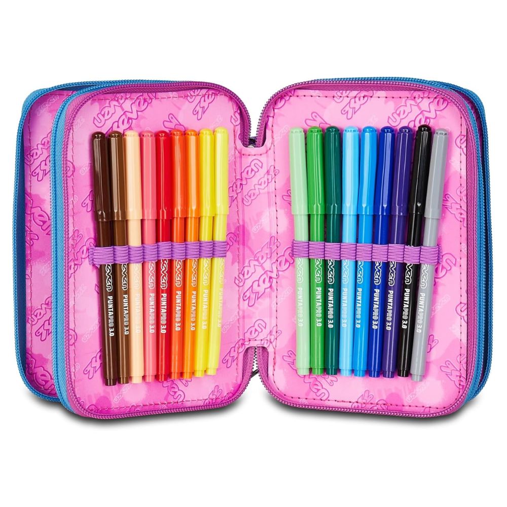 Astuccio Scuola 3 Zip Azzurro Fucsia per Bambina - Seven