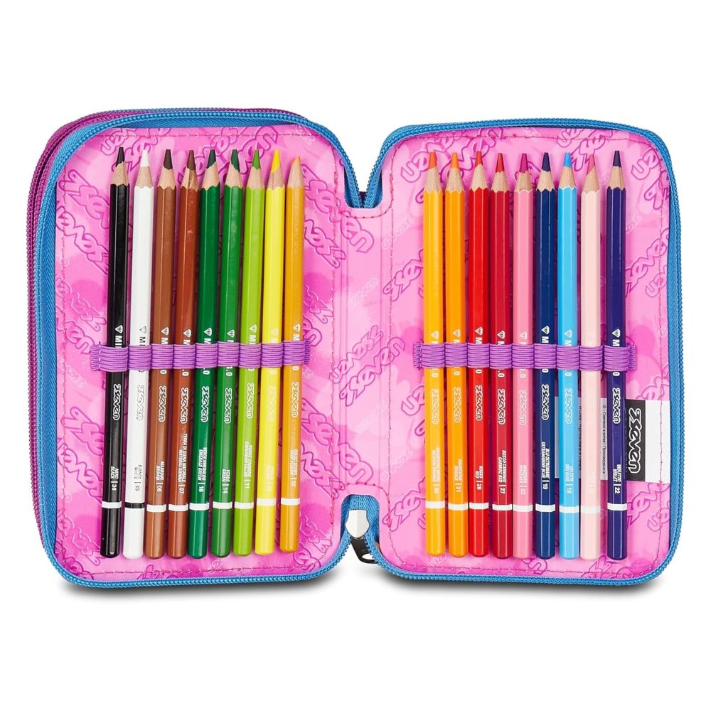 Astuccio Scuola 3 Zip Azzurro Fucsia per Bambina - Seven