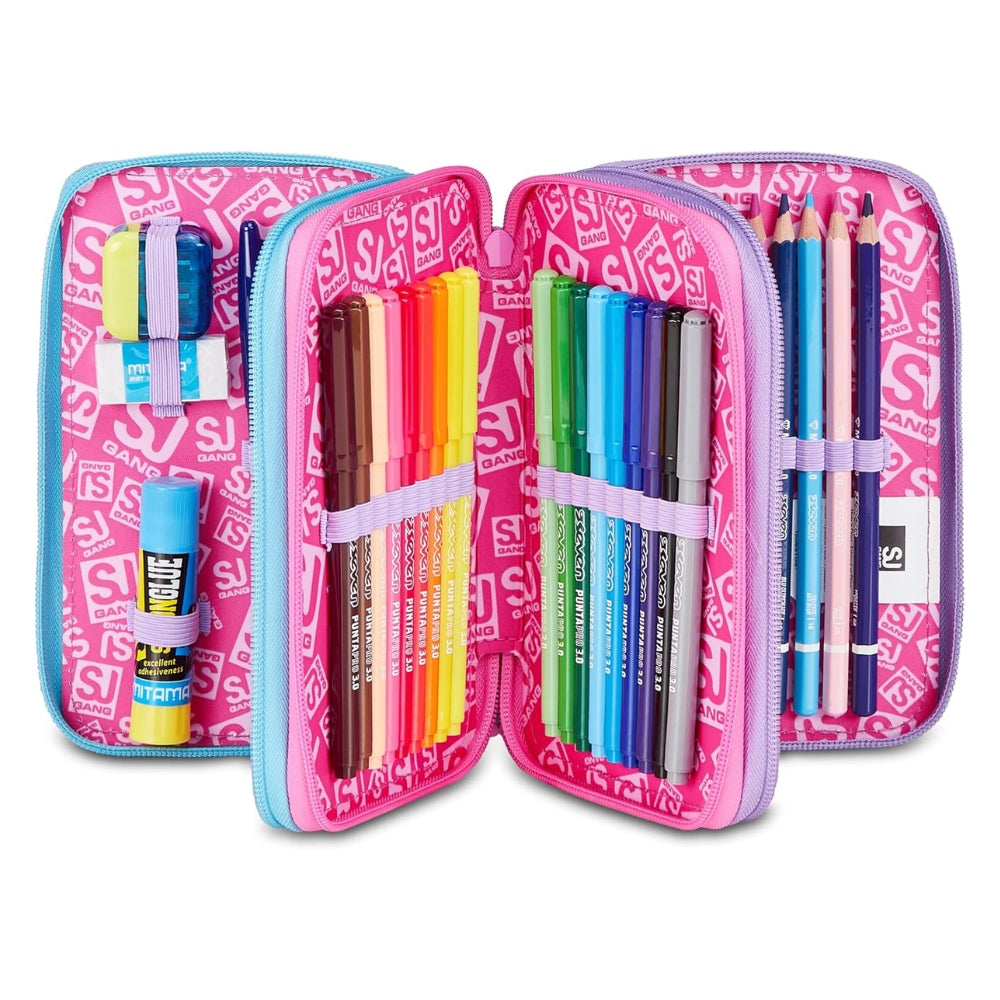 SJ GANG STYLE JAM GANG Astuccio Scuola 3 Zip LED UNICORN GIRL, Viola